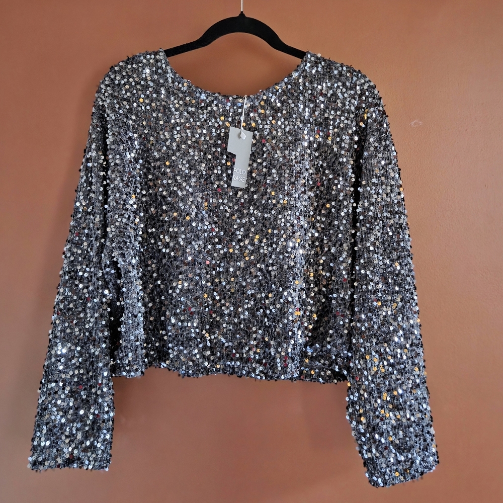 Polo Sequin Long Sleeve Crop Top Silver Black